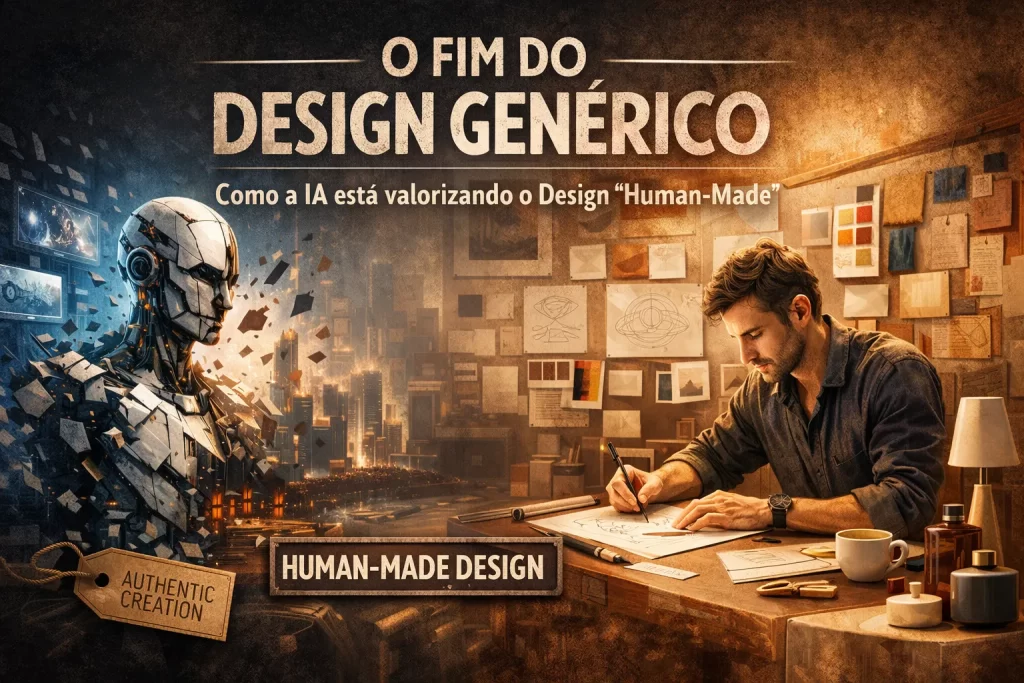 Comparativo visual entre uma malha digital gerada por IA e um layout de design minimalista estruturado com intenção estratégica humana.