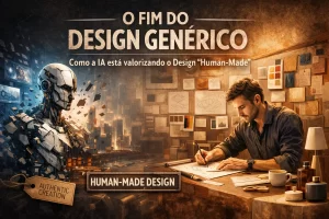 Comparativo visual entre uma malha digital gerada por IA e um layout de design minimalista estruturado com intenção estratégica humana.