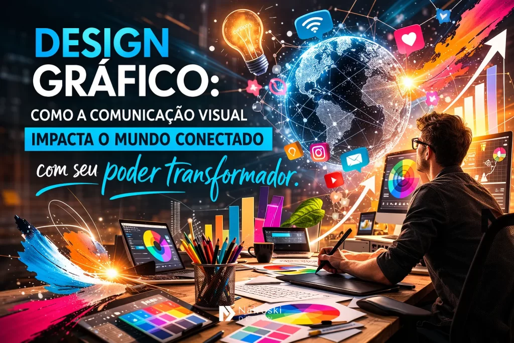 Representação de elementos de design gráfico sofisticados demonstrando o poder transformador da comunicação visual estratégica.