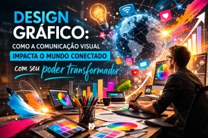 Representação de elementos de design gráfico sofisticados demonstrando o poder transformador da comunicação visual estratégica.